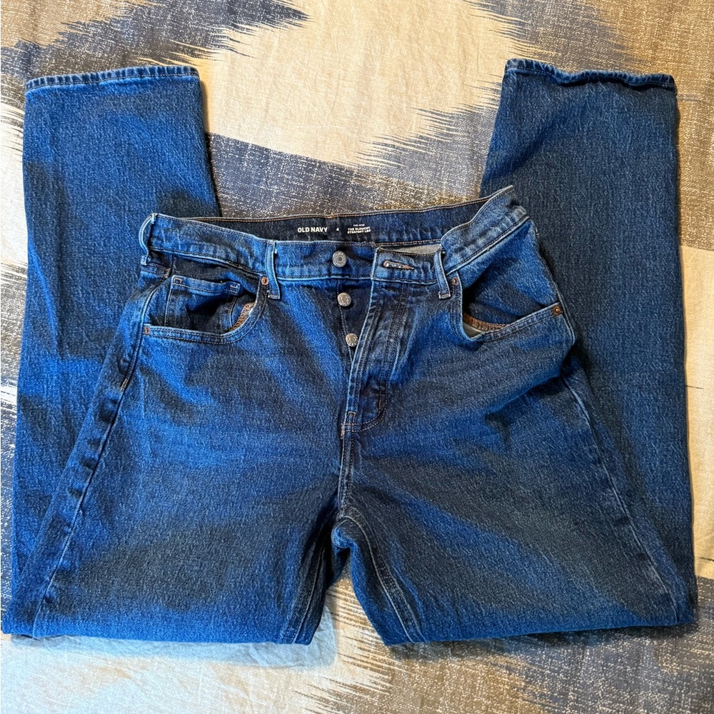 Old Navy Women’s slouchy fit, straight Dark Blue Button-Fly Jeans